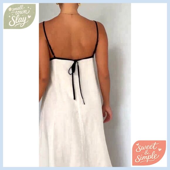 Linen Maxi Dress with Spaghetti Straps Side Pockets Back Tie Casual Beach - Picture 7 of 7